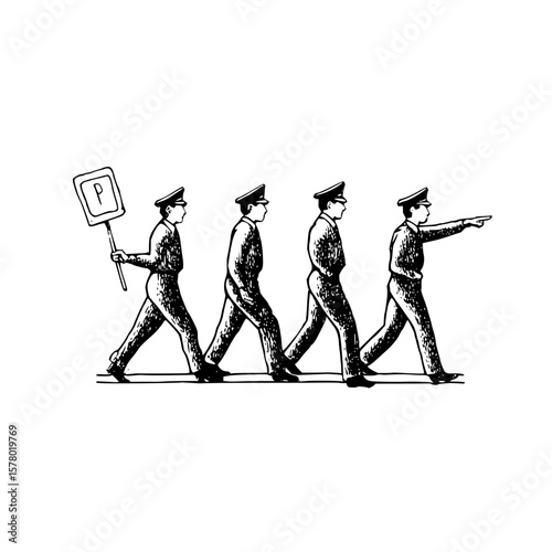 Four men in uniform walking in a line with one holding a parking sign and another pointing ahead at something