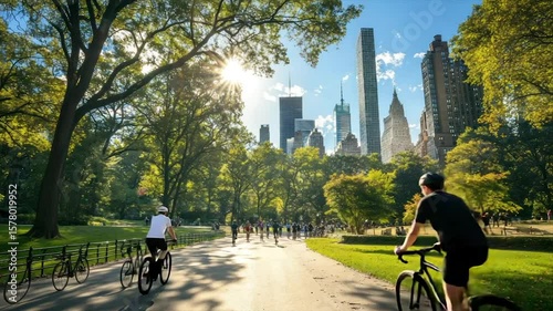 Sunny city park with cyclists and pedestrians, skyscrapers in background