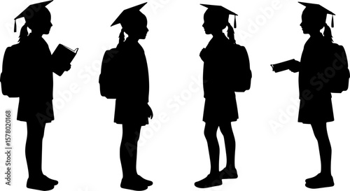Isolated silhouette of a girl with school backpack going to school, Girl student silhouette isolated on white background, Kids graduate symbol, Education in back to school vector illustration