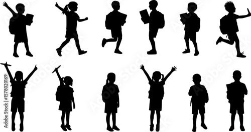 Isolated silhouette of a girl with school backpack going to school, Girl student silhouette isolated on white background, Kids graduate symbol, Education in back to school vector illustration