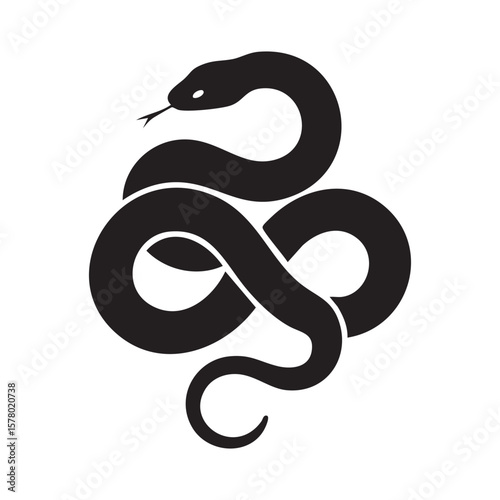 Black Snake Coiled In Minimalist Style Silhouette On White Background Artistic Vector Illustration