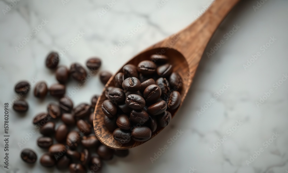 Fototapeta premium Close up of rich dark roasted coffee beans spilling from a wooden spoon onto a textured marble surface