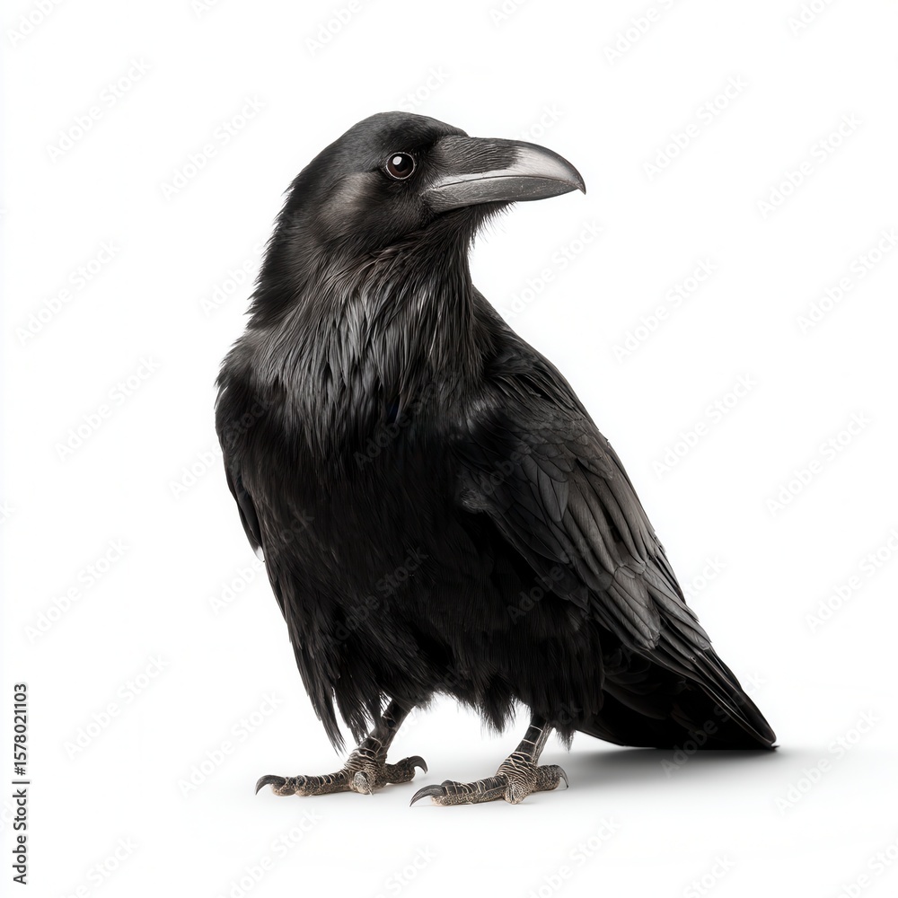 Fototapeta premium Majestic black raven portrait with glossy feathers standing against white background, detailed view of corvid bird showing powerful beak and intelligent eye in wildlife photography