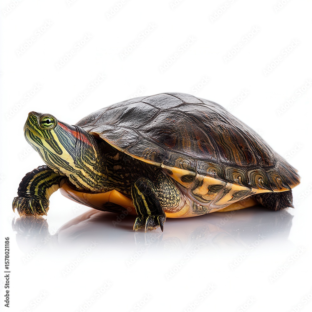 Obraz premium Detailed red-eared slider turtle with dark brown shell and yellow-green markings on white background, pet reptile photography for wildlife conservation or exotic pet store advertising