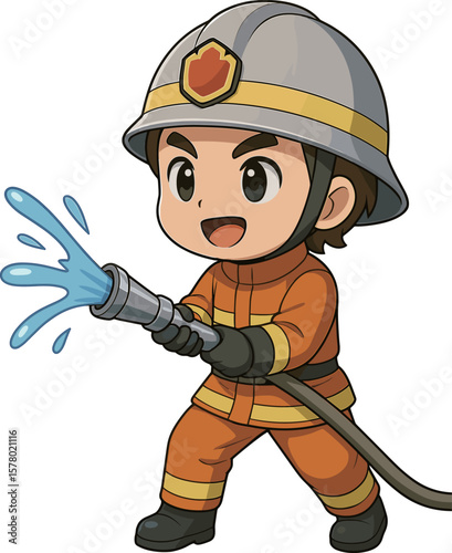 放水する消防士のイラスト