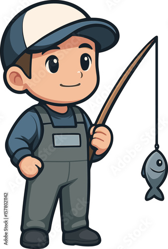 魚を釣った男性のイラスト