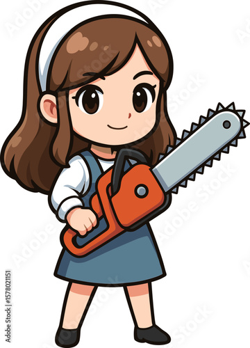 チェーンソーをもって微笑む女性のイラスト