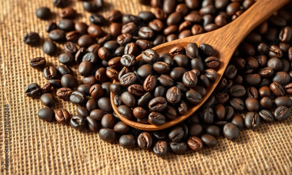 Fototapeta premium Close up of dark roasted coffee beans spilling from a wooden spoon onto a textured burlap surface