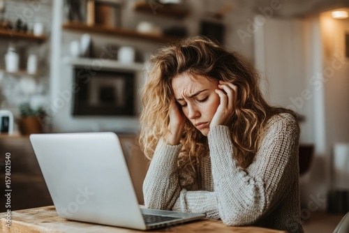 Stressed young woman sits at her laptop, head in hands, overwhelmed by work or problems.