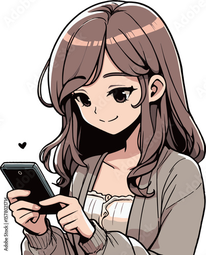 スマホの画面を見てほほ笑む女性のイラスト