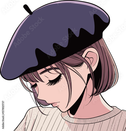 ベレー帽をかぶった美人女性のイラスト