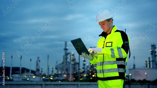 Male petrochemical industry engineer working on laptop computer inspection petroleum oil refinery plant construction site at night. Industrial engineer technician maintaining energy power gas system.