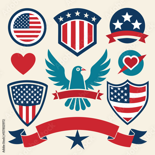 Patriotic American Eagle Shields Hearts Set