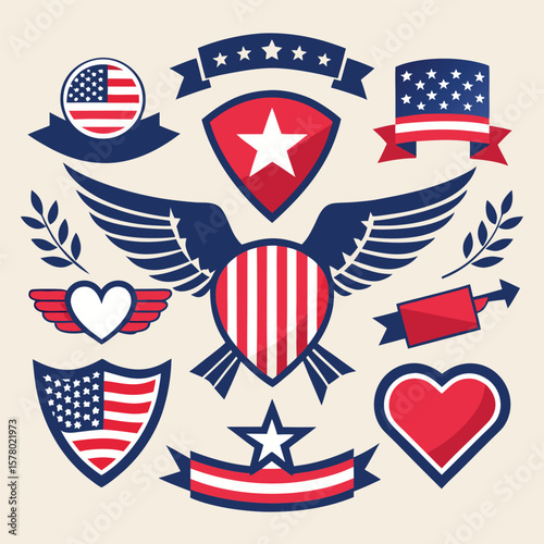 Patriotic American Eagle Shields Hearts Set