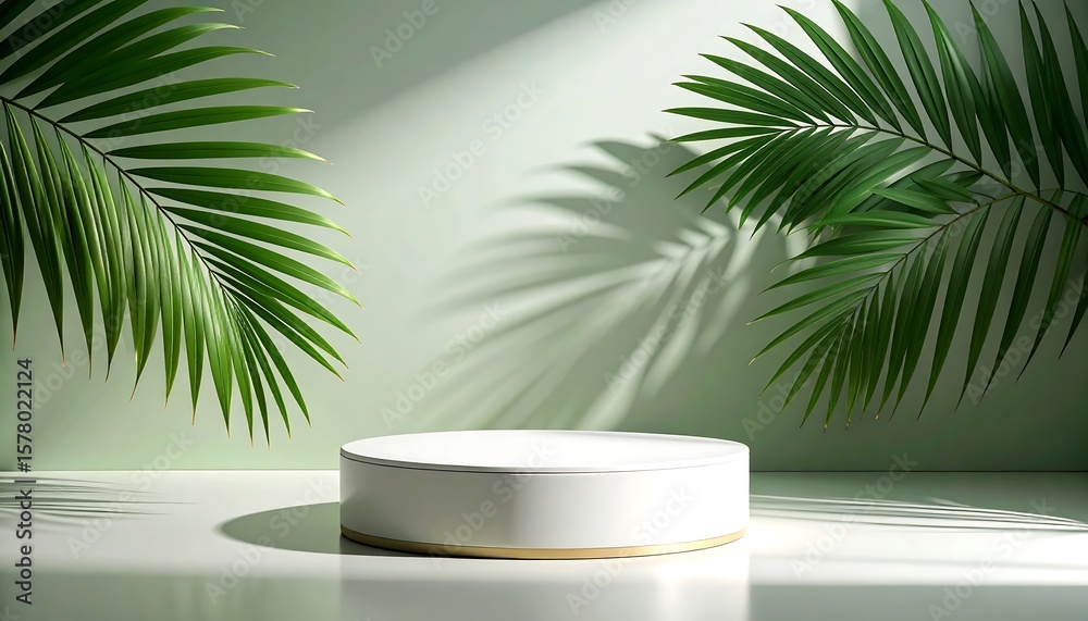 White pedestal with green palm leaves White pedestal with green palm leaves