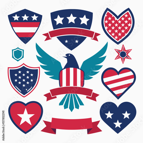 Patriotic American Eagle Shields Hearts Set