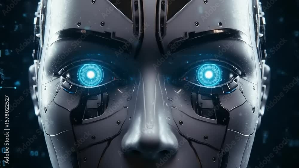 Futuristic robot face stares intently Glowing blue eyes shine against a silver metallic visage revealing complex technological detail
