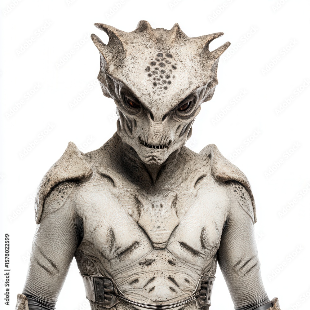 Naklejka premium Intimidating alien creature costume with detailed reptilian features and spiked head against white background for science fiction film production or cosplay event