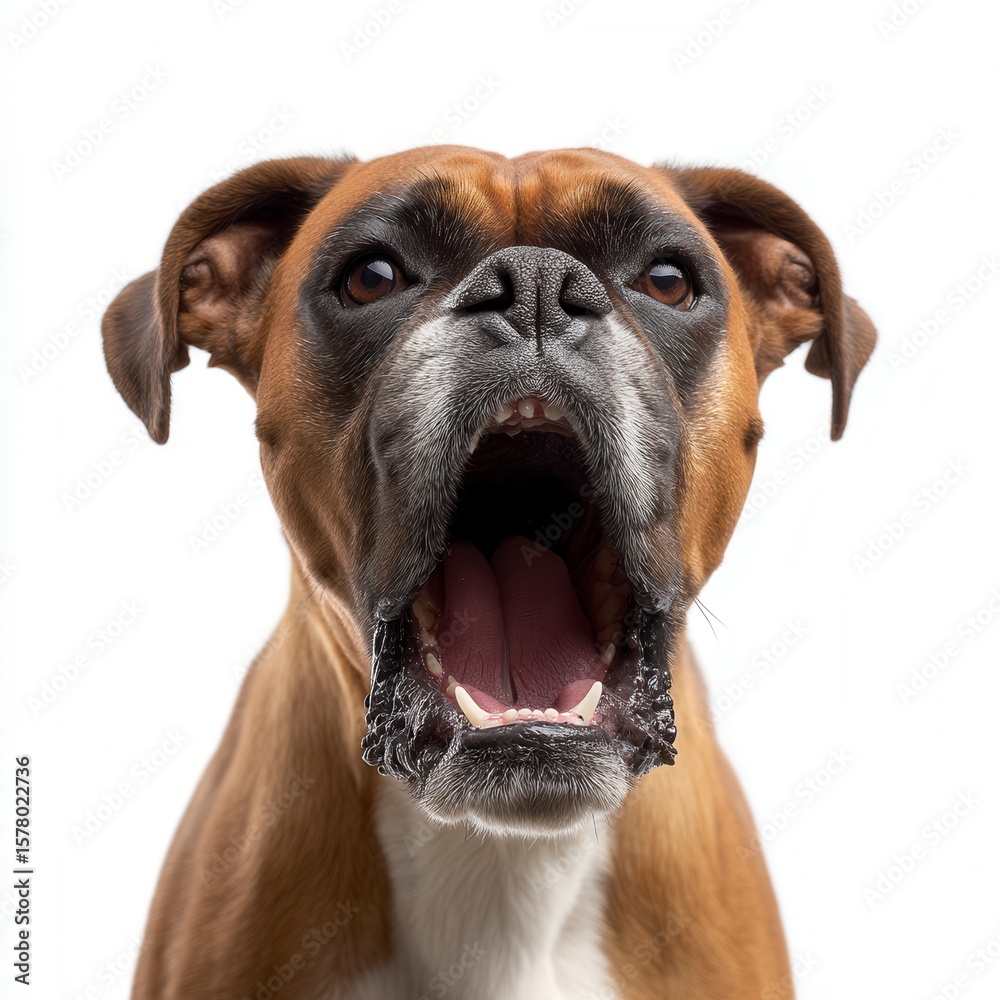 Obraz premium Expressive brown boxer dog with open mouth and alert expression against white background, perfect for pet care advertising or veterinary services banner with free copy space