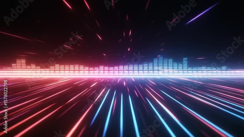 Colorful equalizer bars pulse with light beams shooting outwards dynamic energy digital abstract sound visualization moving