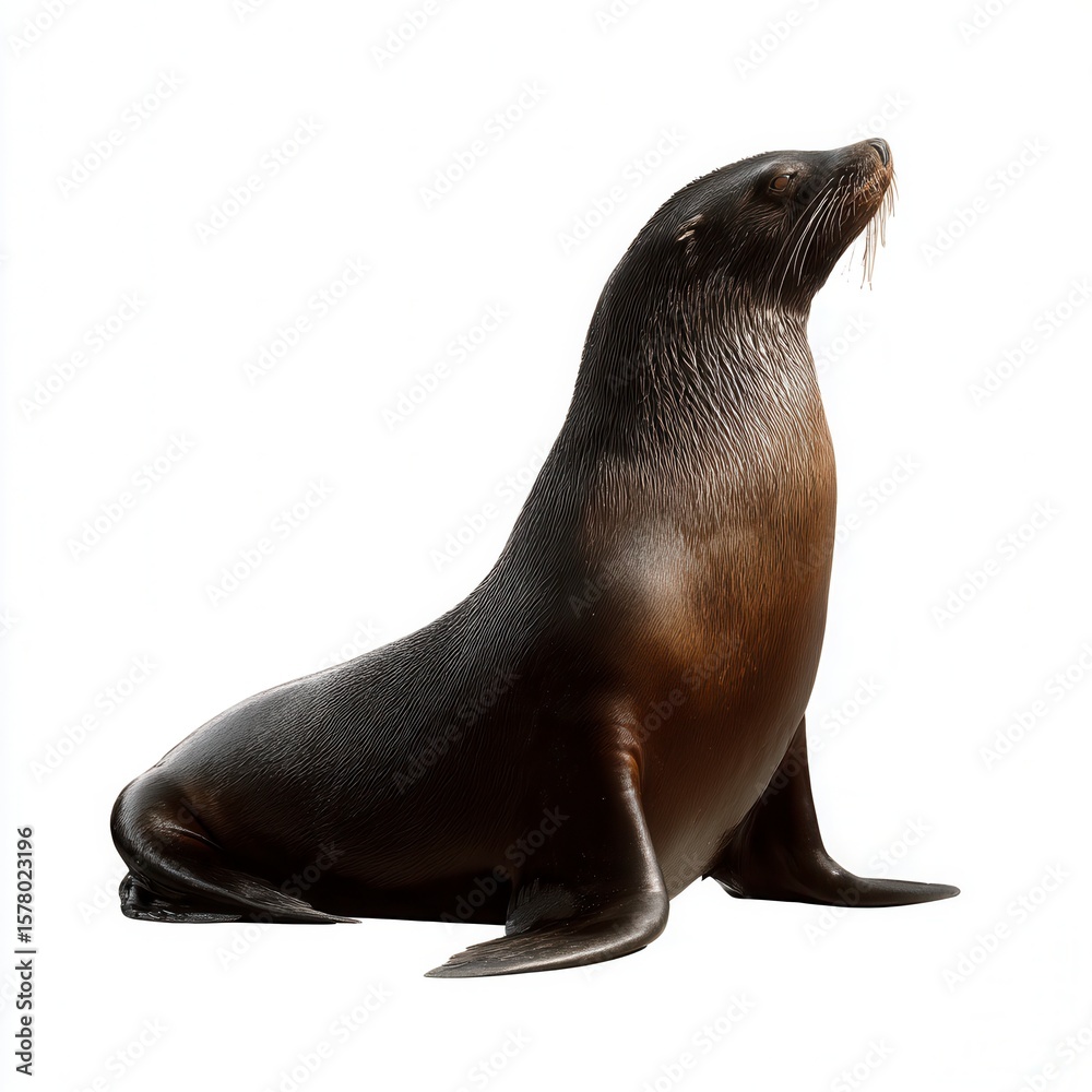 Fototapeta premium Majestic sea lion with sleek dark brown fur posing upright against clean white background, marine wildlife photography with professional studio lighting, free copy space for text