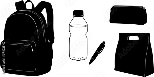 Back to school essentials vector graphic backpack water bottle pen pencil case and lunch bag silhouette image