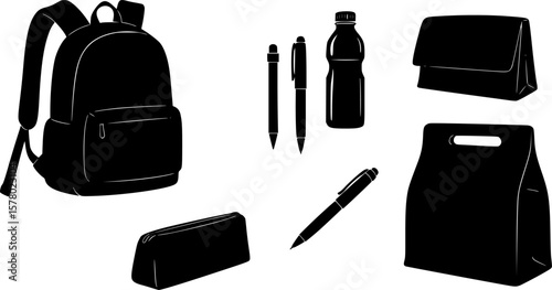 Back to school essentials vector graphic backpack water bottle pen pencil case and lunch bag silhouette image
