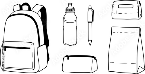 Back to school essentials vector graphic backpack water bottle pen pencil case and lunch bag silhouette image