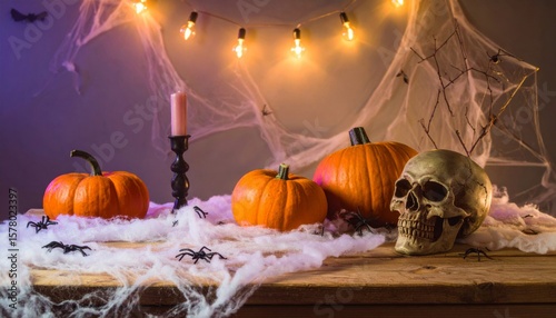 Halloween Still Life with Pumpkins Golden Skull Candle and Spiderwebs Decoration