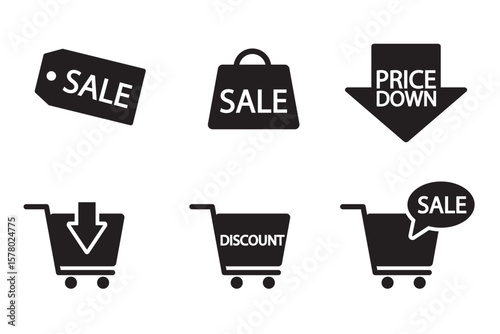 セールと値下げの白黒アイコンセット