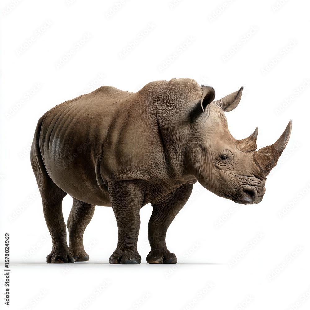 Obraz premium Powerful adult rhinoceros standing in profile against white background, showcasing thick gray skin and distinctive double horn, wildlife conservation imagery with free copy space for text