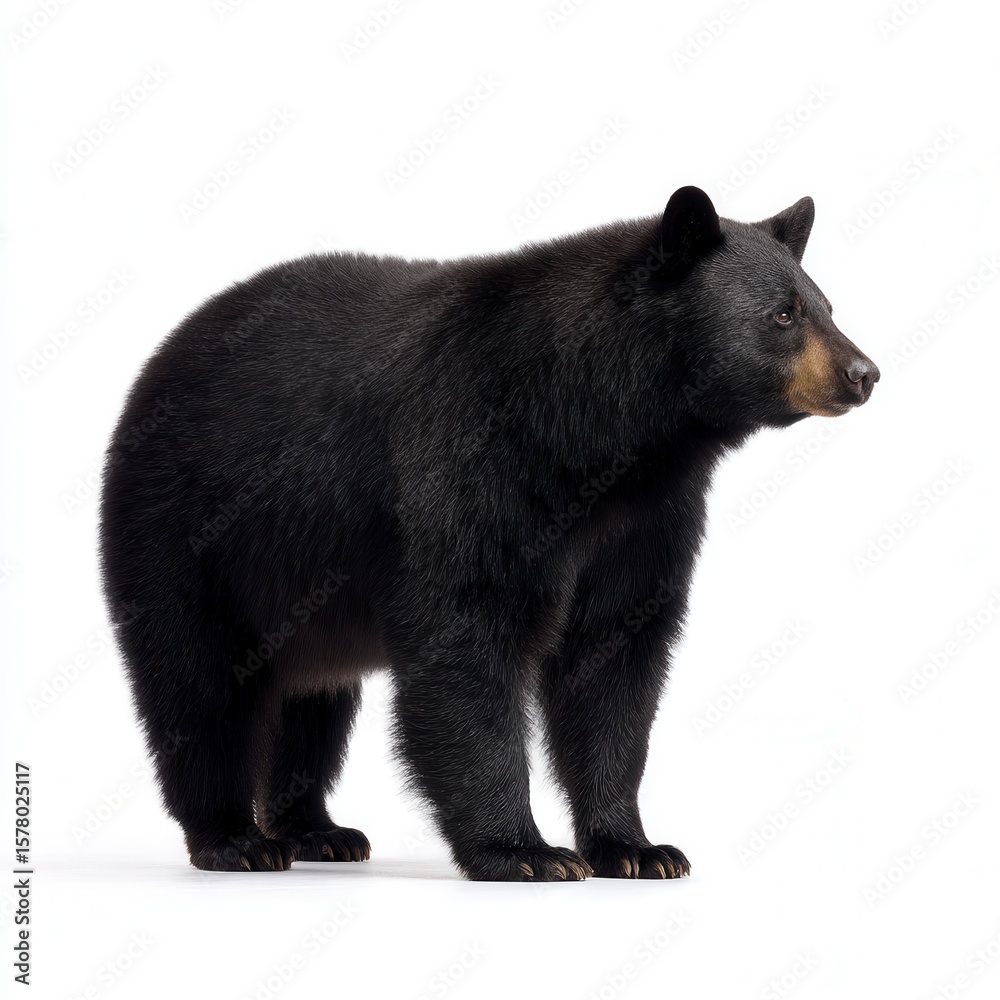 Fototapeta premium Majestic black bear standing in profile against clean white background, showing detailed fur texture and natural stance in wildlife photography with free copy space for text