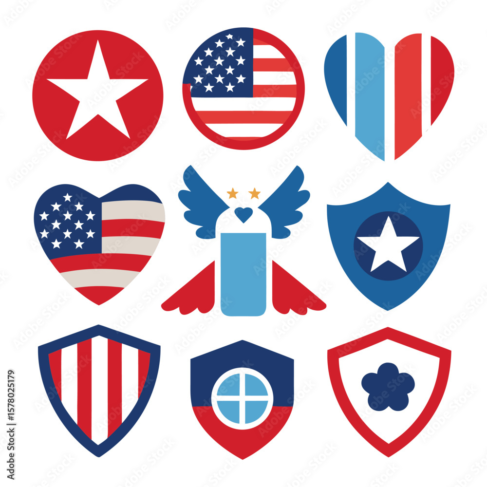Obraz premium Patriotic American Eagle Shields Hearts Set