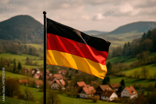 German flag waving over traditional countryside landscape
