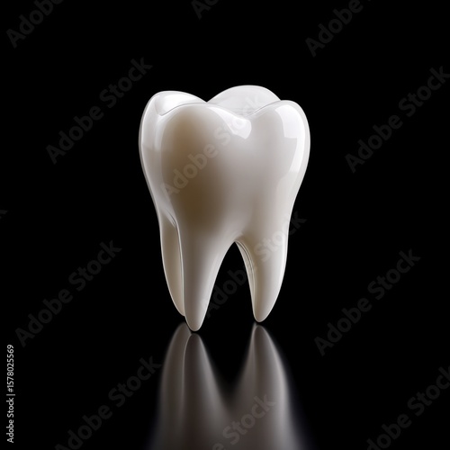 Clean white tooth model displayed against black background with reflection for dental health advertising or education material