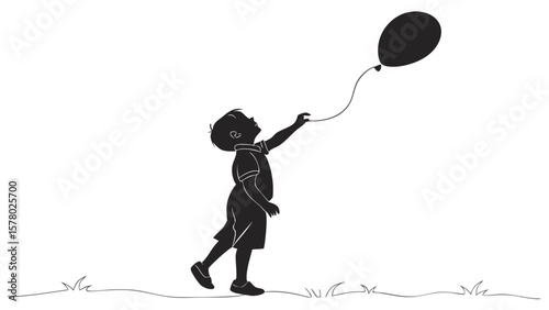Silhouette of Boy Holding Balloon – Summer Childhood Freedom Vector for Birthday, Festival, and Decorative Crafts


