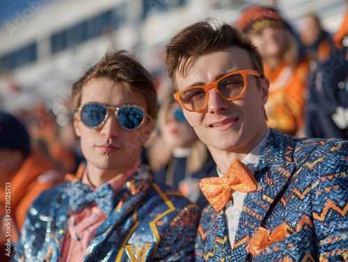 Two young men with sunglasses and fancy attire enjoy a football game in bright sunlight on a stadium day.
