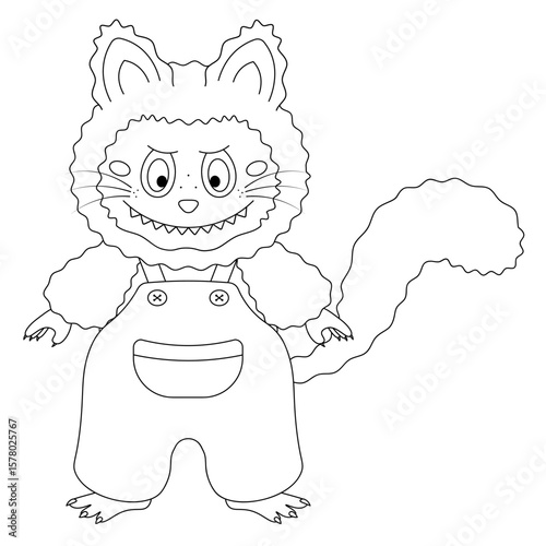 Cat in overalls. Sketch. Cute toothy kitten in suspender pants with a pocket and buttons. Vector illustration. Outline on an isolated white background. Doodle style Fluffy naughty baby with a mustache