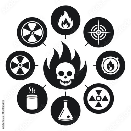 Hazardous Symbols Black White Icons Set