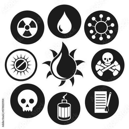 Hazardous Symbols Black White Icons Set