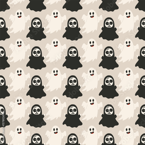 Fun and spooky seamless vector pattern with cute white ghosts and black grim reaper characters on a beige background