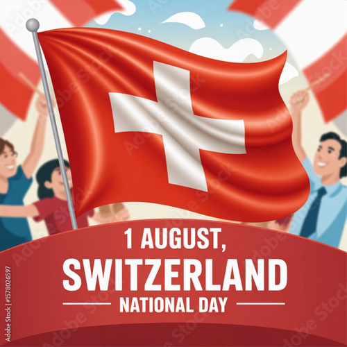 1 August, Swiss Independence Day background in national flag color theme. Vector illustration Swiss National Day. Celebration banner with waving flag. 
