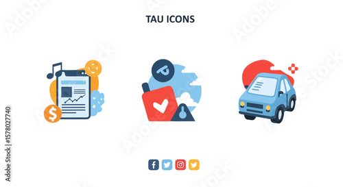 Icons Representing Finance, Love, and Transport in a Creative Graphic Design Environment