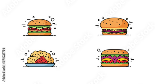 Burgers and Pasta in Vibrant Illustration Style