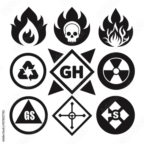 Hazardous Symbols Black White Icons Set