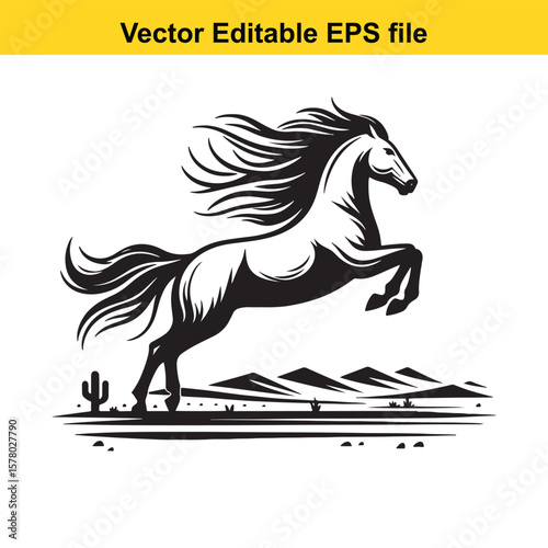 Untamed Line Art of a Mustang – Wild Pose with Windswept Mane and Desert Landscape Hints