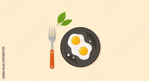 Fried Eggs on Plate, Kitchen, Digital Illustration, Warm Environment, Top View, Culinary Concept