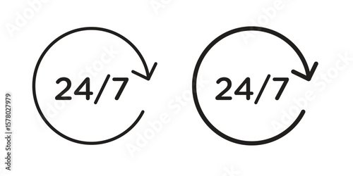 24 7 icon symbol set in black. line and flat icons