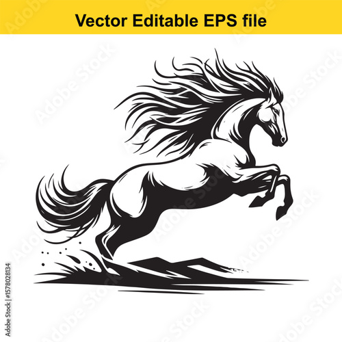 Untamed Line Art of a Mustang – Wild Pose with Windswept Mane and Desert Landscape Hints