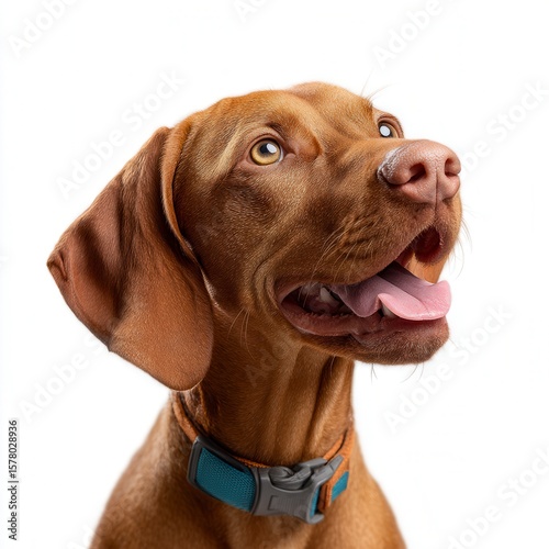 Wallpaper Mural Joyful young Vizsla dog with bright amber eyes looking upward with mouth open and tongue visible, wearing teal collar against white background, perfect for pet care advertising Torontodigital.ca